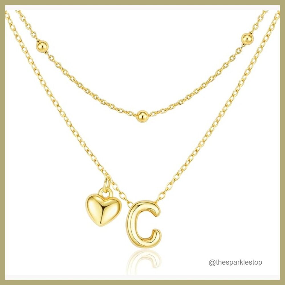 14K Gold Plated Heart Initial Pendant Necklace Stackable Layered